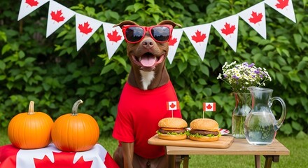 Happy dog wearing sunglasses and a red shirt sits proudly at a picnic table with burgers and pumpkins, celebrating canada day with maple leaf decorations