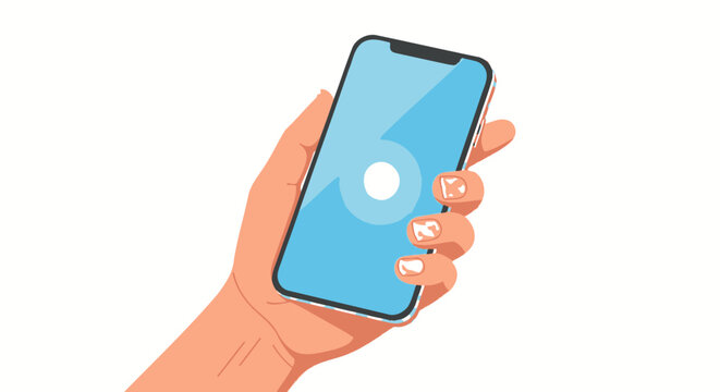 Hand holding a modern smartphone with a blue screen.