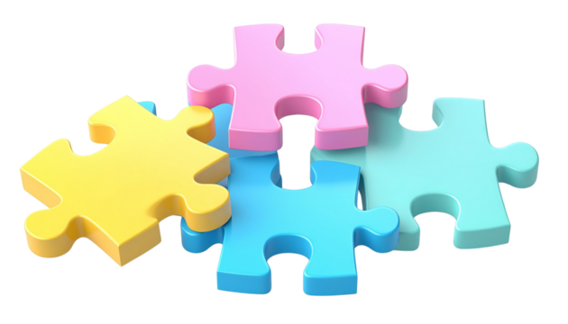 Colorful Pastel Jigsaw Puzzle Pieces 3D Render isolated on transparent background cutout