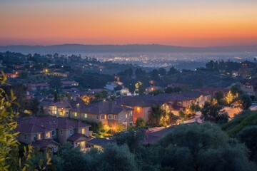 Fototapeta premium Houses illuminating a peaceful suburban neighborhood at dusk, with the warm glow of city lights visible on the horizon