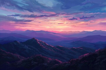 Fototapeta premium Majestic mountain ranges and valleys bathed in the warm glow of a breathtaking sunset