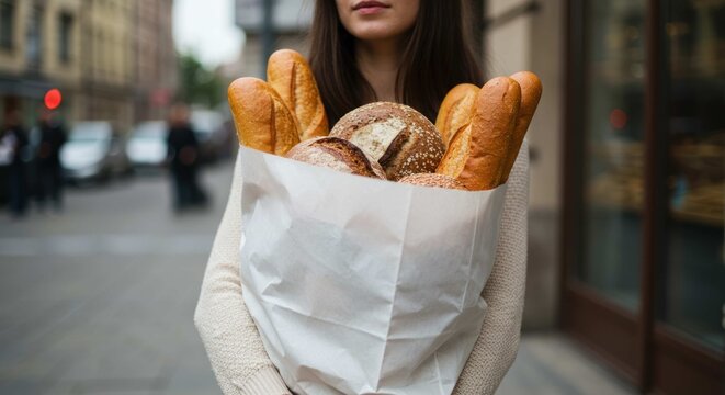 Woman carrying baguettes in a paper bag on a city street. - Powered by Adobe