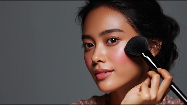 Flawless makeup application technique showcased by an expert artist with natural lighting in a studio setting