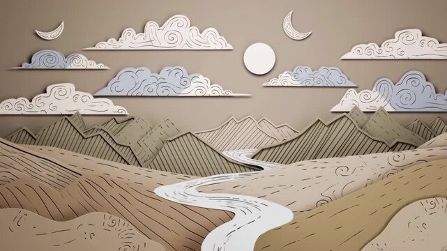 Cardboard cutout landscape animation with river