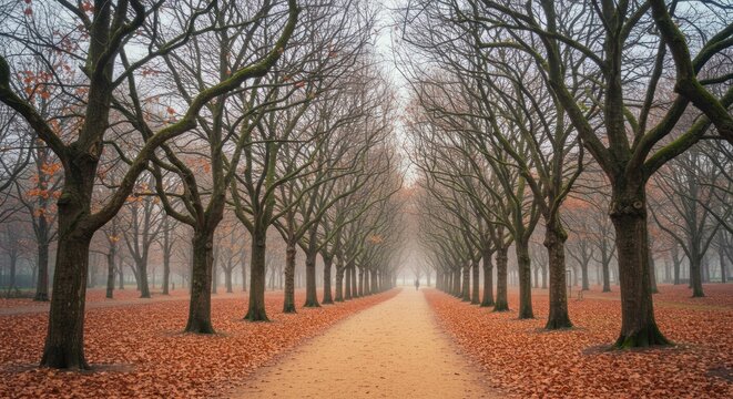 Tree lined path in autumn with leaves on the ground and foggy background.