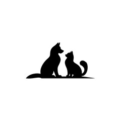 Silhouette of a Dog and Cat Sitting Together, Facing Each Other