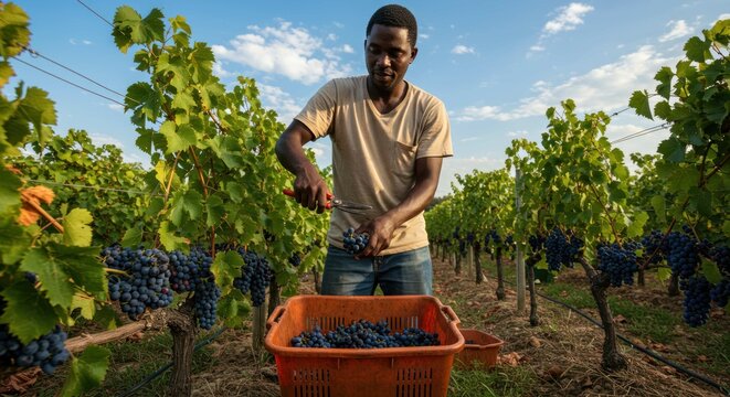 Man harvesting grapes in vineyard under blue sky with green foliage.