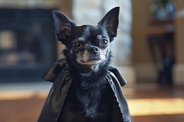 Small black chihuahua dog wearing a count dracula cape costume for halloween, looking intensely
