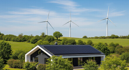 Obraz premium Modern Sustainable House With Solar Panels And Wind Turbines In A Green Rural Landscape