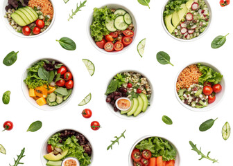 Colorful Salad Bowls with Vegetables and Grains Flat Lay