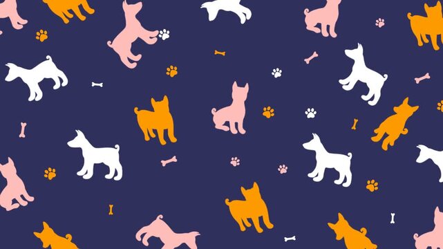 Dog seamless pattern with silhouette of canines, bones, and paw prints, suitable for pet supplies packaging, fabric design, or wallpaper. Dog seamless pattern background loop animation.