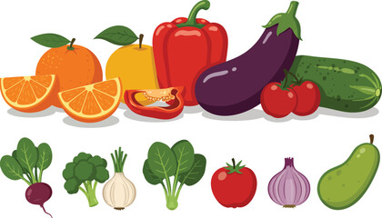 Fresh assortment of colorful fruits and vegetables for healthy eating and nutrition isolated on transparent background