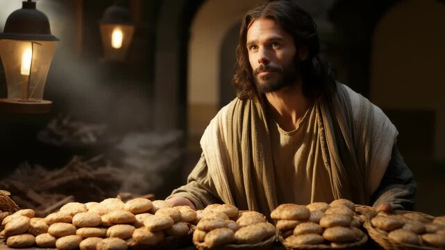 Heavenly compassion: Jesus offers loaf to starving stranger, embodying sacred kindness, biblical generosity, selfless act, divine grace, holy sustenance, gospel truth, faithful deed theological symbol