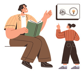Mentor holding book guiding student pointing at tangled and clear light bulb paths. Ideal for education, mentoring, coaching, problem-solving, guidance, creativity, leadership. Encourages simple flat