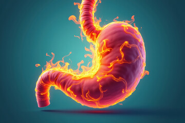 Human stomach burning with acid fire illustrating gastric distress or heartburn, medical concept with glowing orange flames