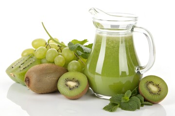 Photorealistic jug of tropical green mixed juice with honeydew kiwi and green grapes