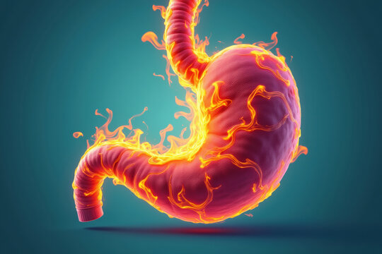 Human stomach burning with acid fire illustrating gastric distress or heartburn, medical concept with glowing orange flames