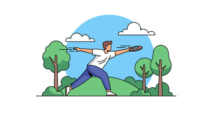 Man throwing a frisbee in a park.