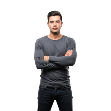 Young with crossed arms, wearing a grey long-sleeve shirt and dark jeans, looking directly at the camera, isolated.. PNG Clipart Transparent