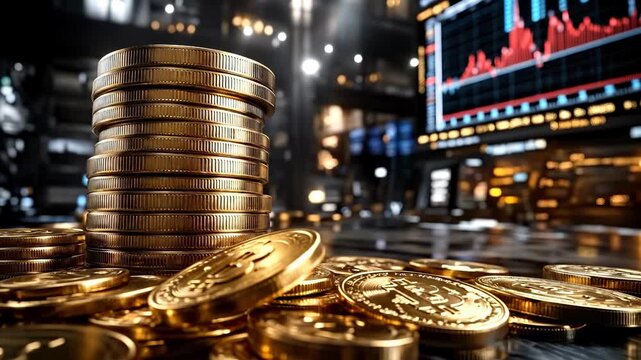 Golden coins stacked and scattered with abstract glowing market data graph on large screen in background symbolizing financial growth and investment concepts.