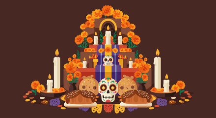 This flat design illustration showcases a traditional Day of the Dead Ofrenda, meticulously adorned with marigolds, candles, and symbolic offerings.