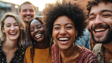 Fototapeta premium multi-ethnic group of friends laughing together, real skin tones, diversity, daylight