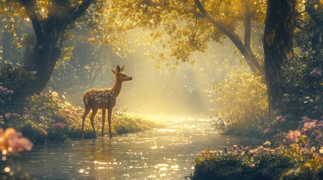 Fawn in sunlit forest stream, magical background, nature scene