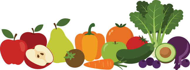 Fresh assortment of vibrant fruits and vegetables for healthy living and nutrition isolated on transparent background