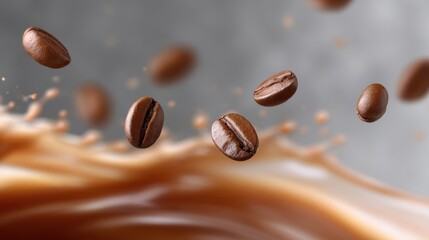 Espresso Beans Dropping into Swirling Liquid with Motion Blur Effect