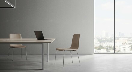 Minimalist office interior with table chairs laptop and large window.