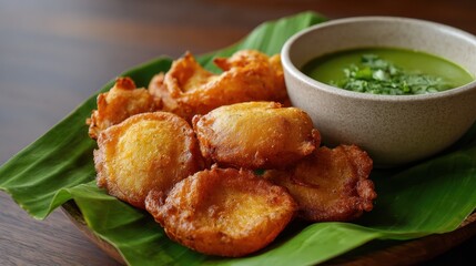 Crispy Bhajiya on Banana Leaf with Green Chutney Closeup Shot