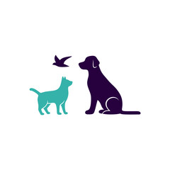 Stylized Dog, Cat, and Bird Silhouette Illustration in Teal and Purple