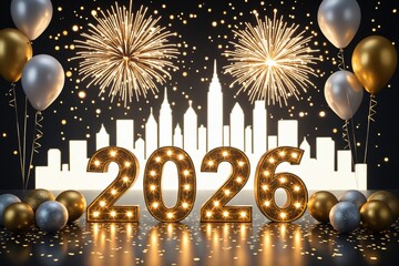 Happy New Year 2026 Celebration Fireworks and Balloons.