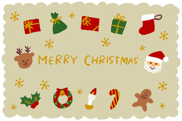 手描き風のサンタクロースやトナカイ、雪だるまやプレゼントなどが描かれた楽しいクリスマスイラストセット