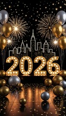Happy New Year 2026 Celebration Fireworks and Balloons.
