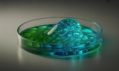 Abstract liquid in petri dish, teal and green