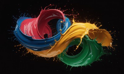 Abstract paint splashes in swirling, linked rings of red, blue, yellow, and green on black background