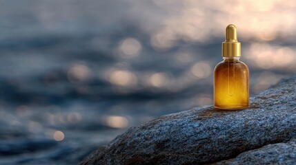 Obraz premium Golden Cap Serum Bottle on Stone Reef with Water Background