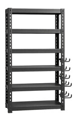 Heavy-duty metal racks and tool storage for an organized garage workshop.