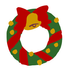 赤いリボンと金のベルがついたクリスマスリースの手描き風ベクターイラスト, 冬のデコレーションやカードデザインにぴったり
