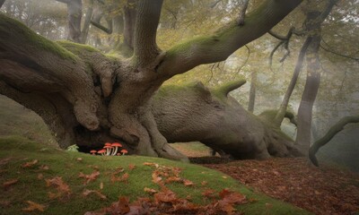 Ancient forest, gnarled tree trunk, tiny mushrooms