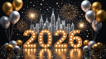 Happy New Year 2026 Celebration Fireworks and Balloons.