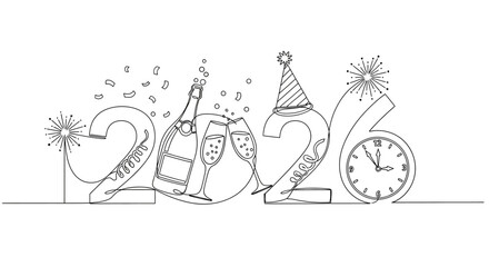 New Year's Eve Celebration Illustration with Champagne and Party Hat for 2026