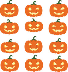 Collection of spooky jack-o'-lanterns for halloween celebrations and decorations isolated on transparent background