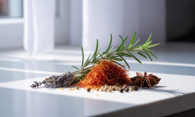 Aromatic spice blend on a white surface, illuminated by sunlight.  Rosemary sprigs, saffron, lavender, peppercorns, and star anise.  Soft white curtains and window visible in the background