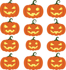 Collection of spooky jack o lantern carved pumpkins for halloween celebrations and autumn decorations isolated on transparent background