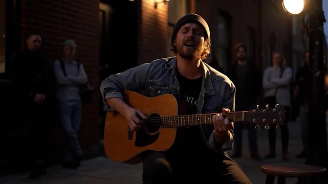 Musician playing acoustic guitar on a city street at night with an audience watching street performance