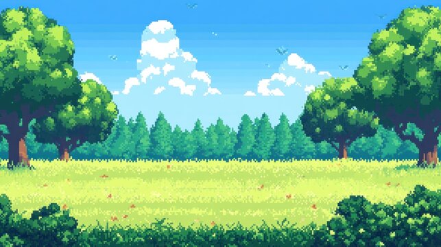 Sunny field, trees, forest background, pixel art, game asset