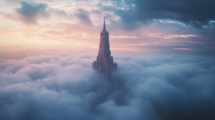 Majestic Gothic Spire Soaring Above Clouds at Sunset, a Fantasy Castle Tower Piercing an Ethereal Cloudscape with Dramatic Golden and Blue Sky.