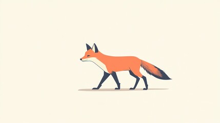 Obraz premium Red fox walking, minimalist style, pale background, animation, children's book